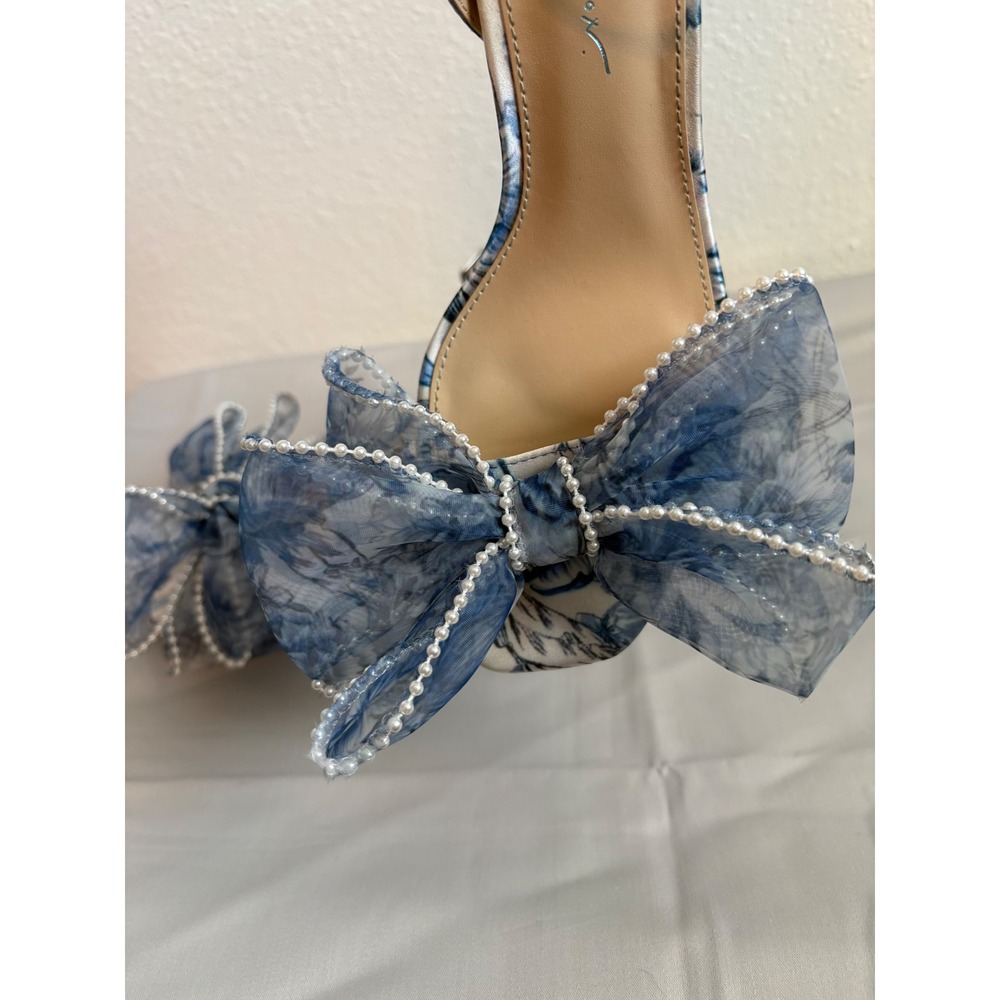 Betsey Johnson 7.5 SB-Duke platform block heels floral blue white open toe bow - Picture 5 of 12